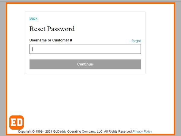 password reset page for GoDaddy