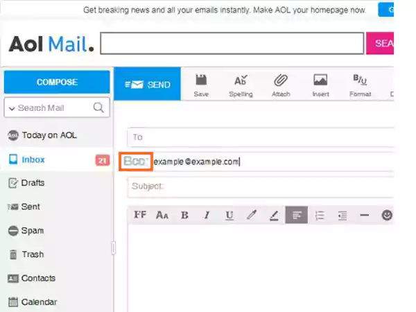 On AOL Mail, click ‘Bcc’ display under the To field